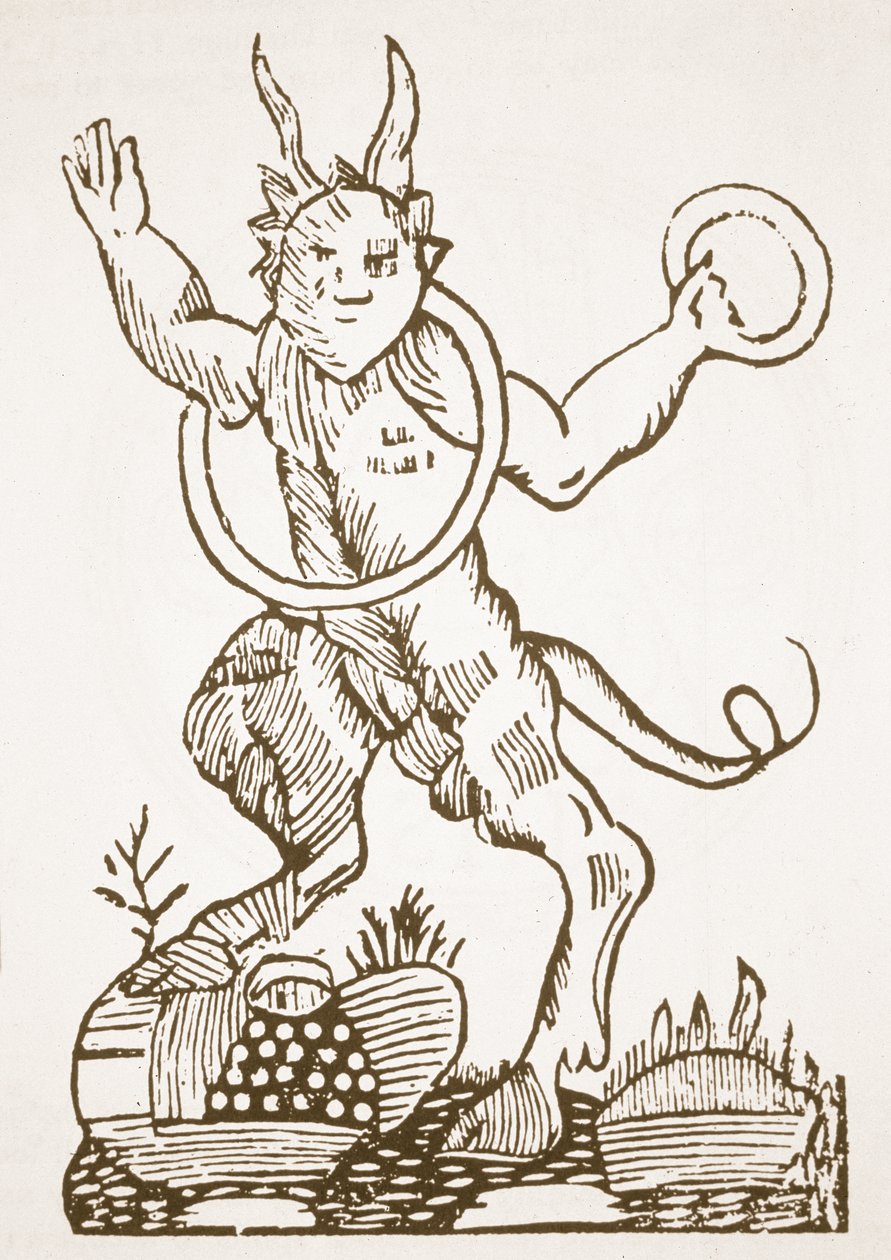 O diabo apontando tesouros escondidos, cópia de uma ilustração de Le Veritable Dragon Rouge, Lille 1521, usado em uma história da magia, publicado no final do século XIX de French School