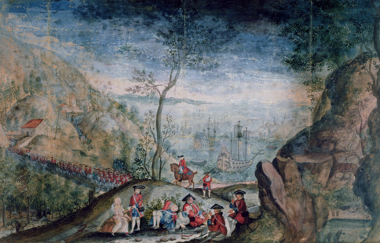 O desembarque de 50 soldados do regimento suíço Karrer em Louisbourg na ilha de Cap-Breton entre 1722-33 (wc no papel) de French School