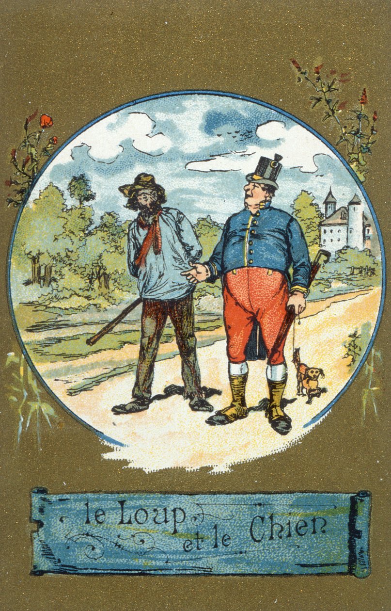 O cão e o lobo, de fábulas por Jean de La Fontaine (1621-95) de French School