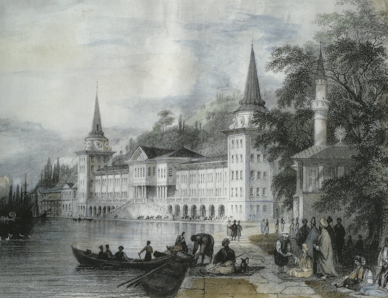 O Palácio de Dolmabahce, no Bósforo, 1840 (gravura de cor) de French School