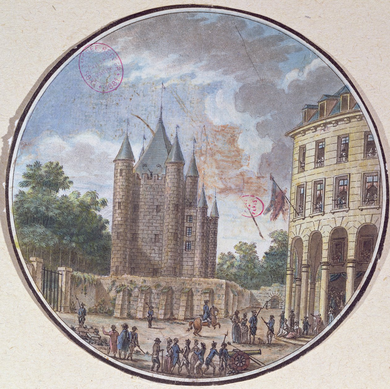 O Donjon do Templo, Paris (gravura a cores) de French School