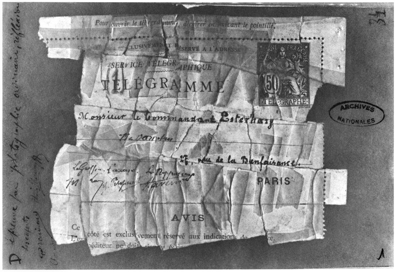 The Dreyfus Affair, 22 de dezembro de 1894, telegrama enviado ao comandante Esterhazy de French School