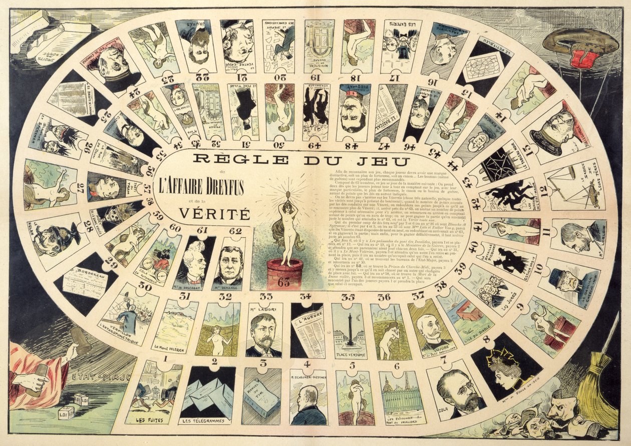The Dreyfus Affair Game, com retratos dos vários indivíduos envolvidos, final do século XIX de French School