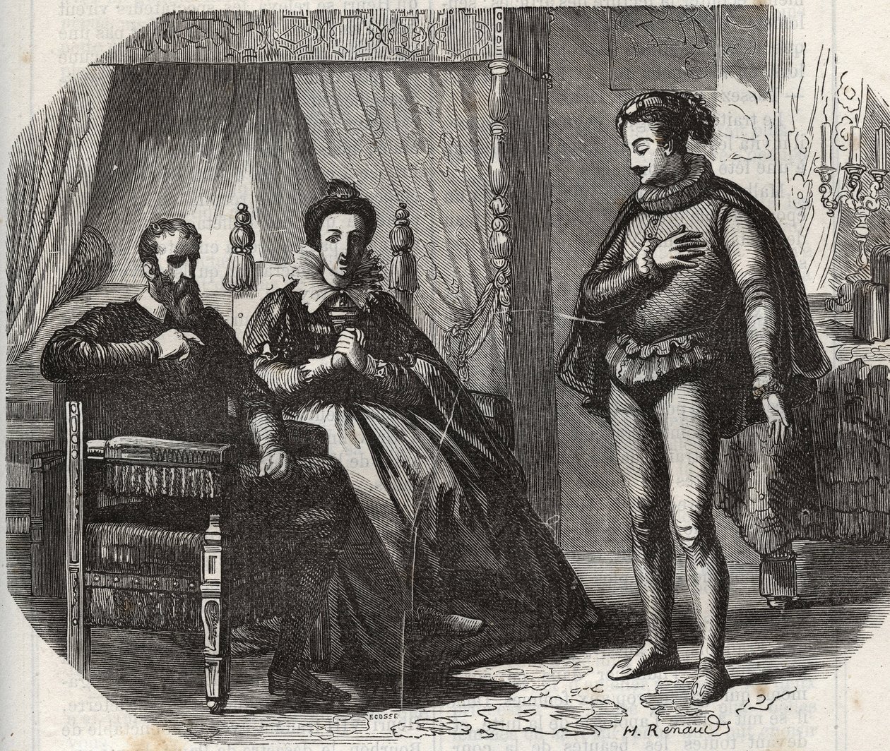 A Duquesa de Cléves, Maria von Julich Duquesa de Juliers e Berg (1491-1543), toma conhecimento da dissolução do casamento entre sua filha, Ana de Cléves (1515-1557), e o Rei da Inglaterra Henrique VIII (1491-1547) em 1540. Gravura de 1871 em "Hist de French School