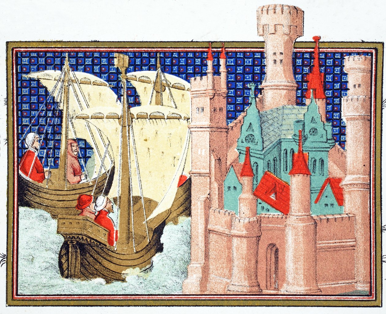 O Duque de Salisbury chegando ao Conway Castle da Irlanda, cópia fac-símile de Le Prinse et Mort du Roy Richart por Jean Creton, reimpresso do século XIX de French School