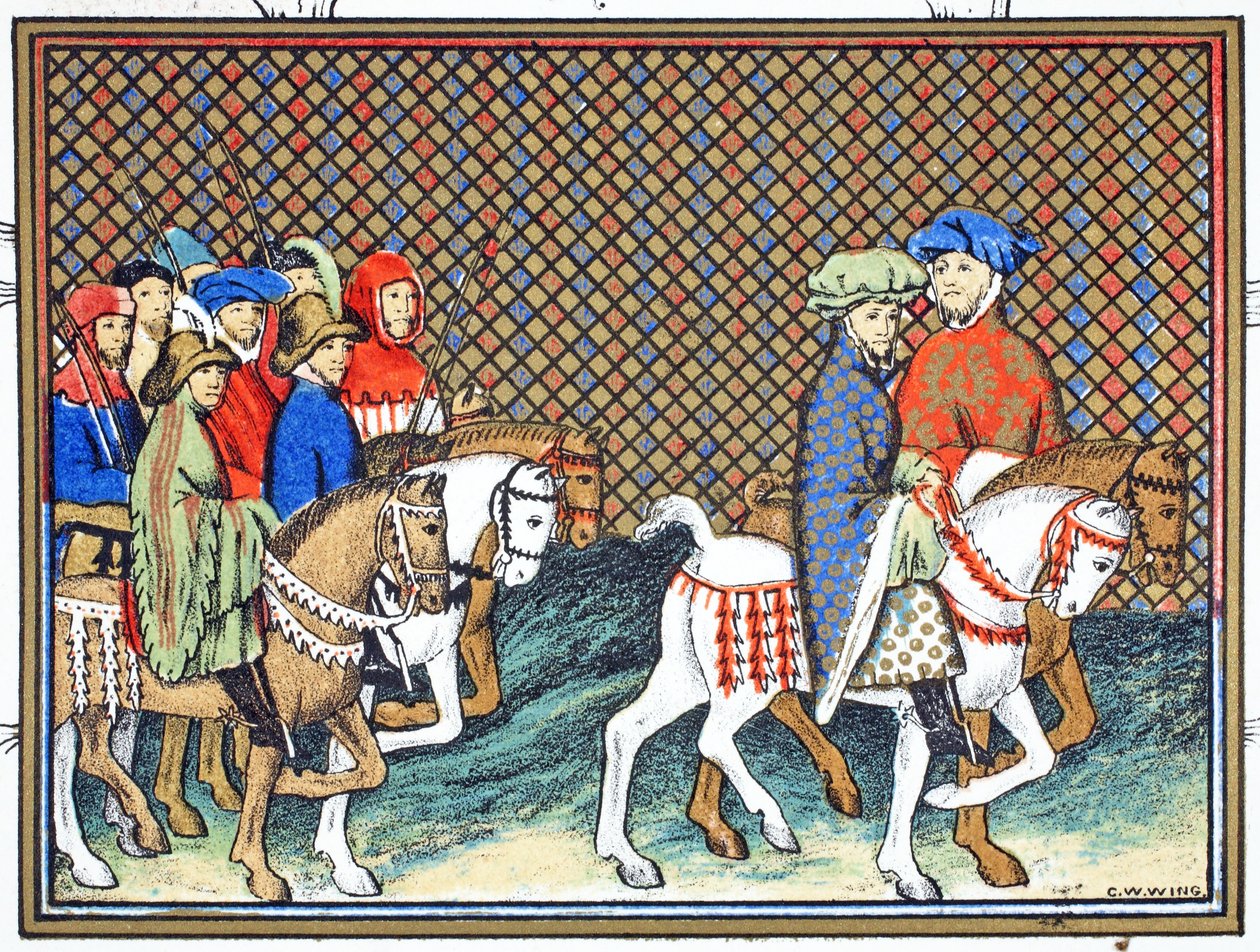 Os duques de Exeter e Surrey enviados por Richard II do castelo de Conway para Chester para tratar com o duque de Lancaster, cópia fac-símile de Le Prinse et Mort du Roy Richart por Jean Creton, reimpresso 19 de French School