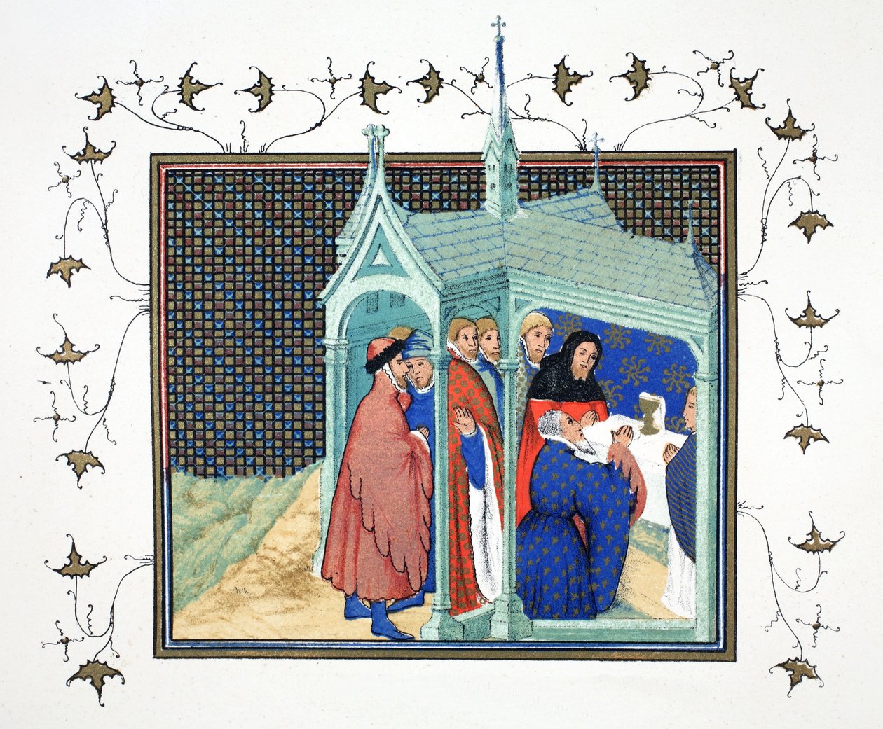 O Conde de Northumberland em Missa Alta na Capela do Castelo de Conway, tendo o seu juramento traiçoeiro e fatal, cópia fac-símile de Le Prinse et Mort du Roy Richart por Jean Creton, reimpresso do século XIX de French School