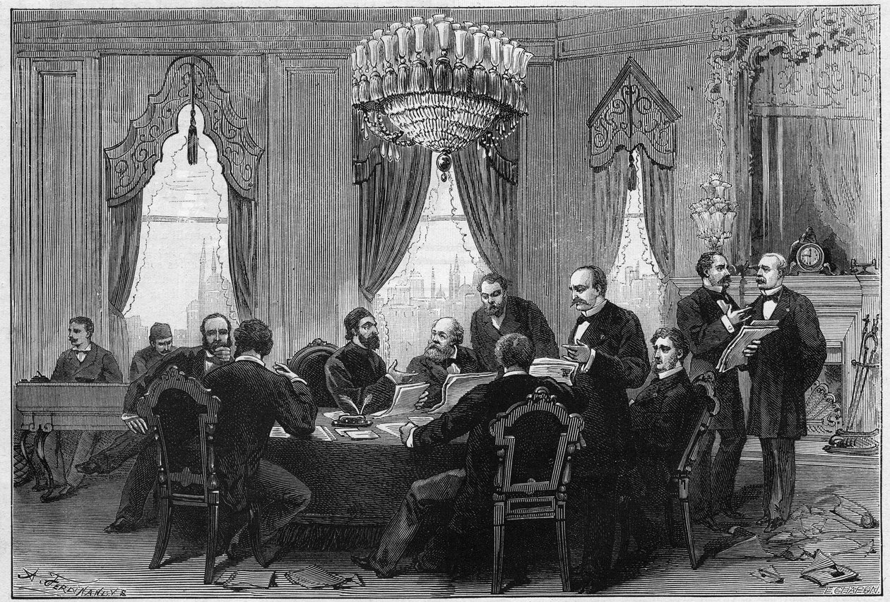 A Guerra Oriental (1875-1878) também chamada Guerra Russo-Turca: os diplomatas se reuniram na Conferência Plenária de Constantinopla no Palácio de Admiraute, em 23 de dezembro de French School