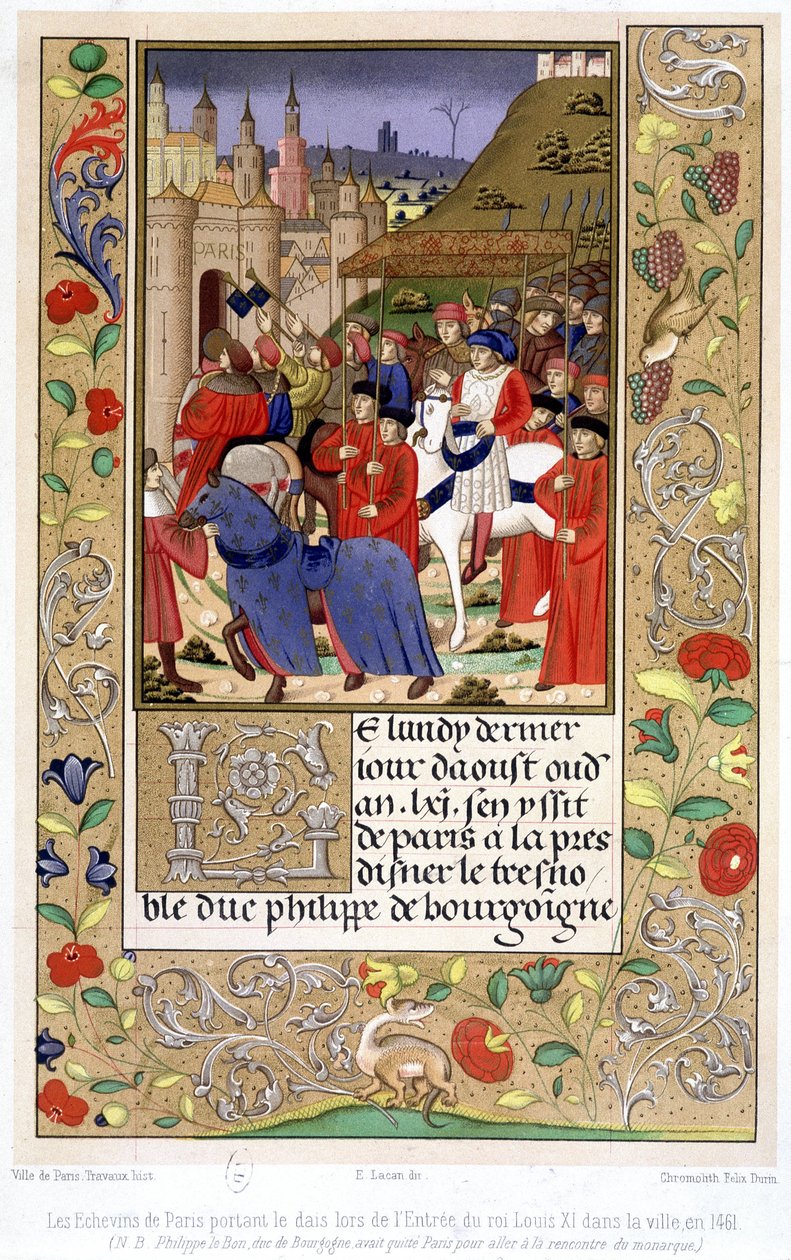 Os Echevins de Paris carregando a margarida quando o rei Luís XI entrou na cidade em 1461 (NB: Philippe o bom, Duque de Borgonha, tinha deixado Paris para se encontrar com o monarca). de French School