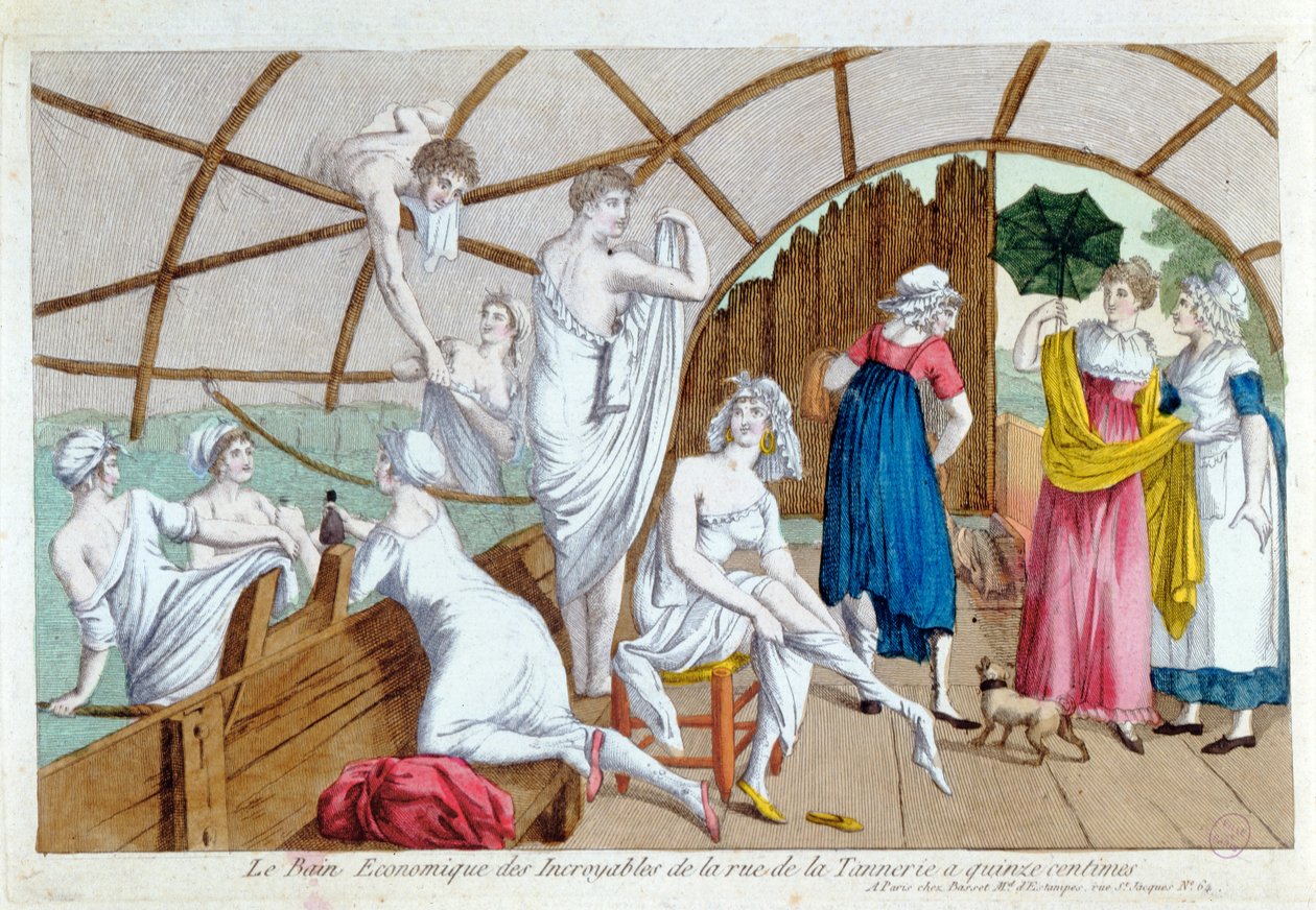 Os Banhos Econômicos dos Incroyables na Rue de la Tannerie, Paris, c.1800 de French School