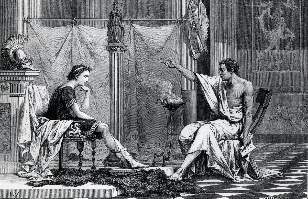 A educação de Alexandre o Grande (356-323 aC) por Aristóteles (384-322 aC) de um livro de L. Figuier de French School