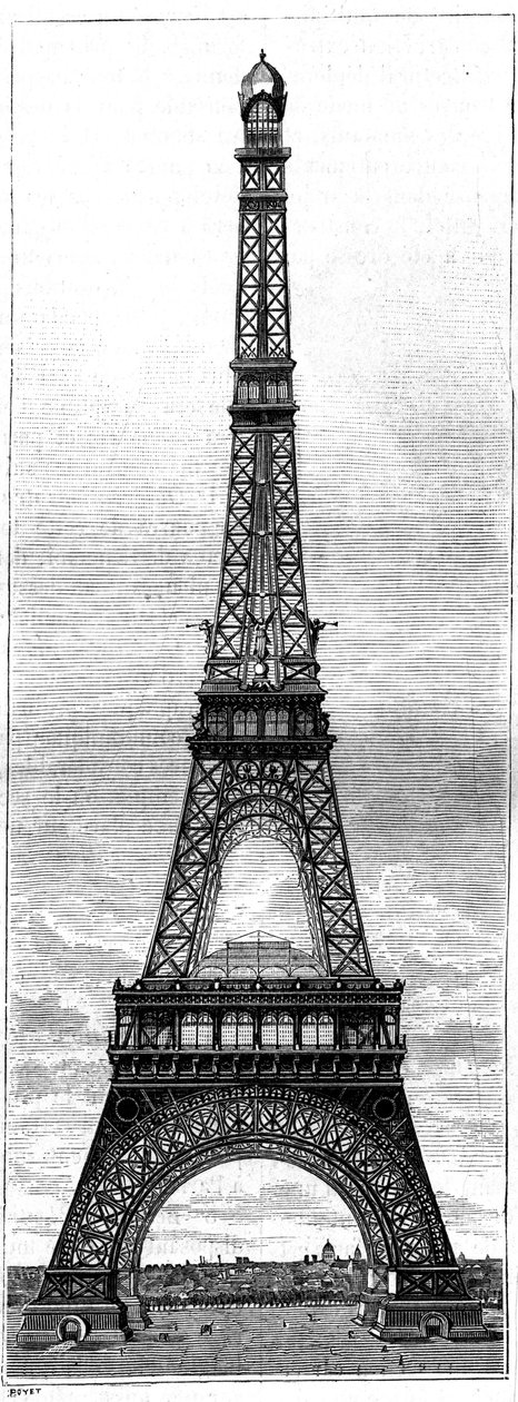 A Torre Eiffel, torre de 300 metros de altura para a Exposição Mundial de 1889, em Paris, pelo engenheiro e industrial Gustave Eiffel (1832-1923). Gravura em "La Nature. Revue des sciences et de ses applications aux arts et à l