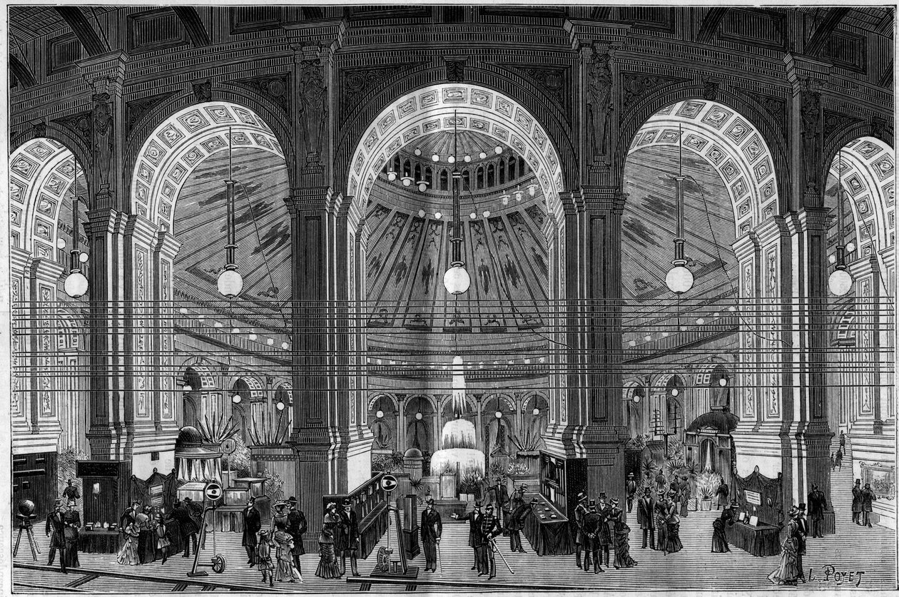 A Exposição Electricite em Viena (Áustria), uma visão geral da grande rotunda iluminada por luz eléctrica. Gravura em "La Nature. Revue des sciences et de ses applications aux arts et à l