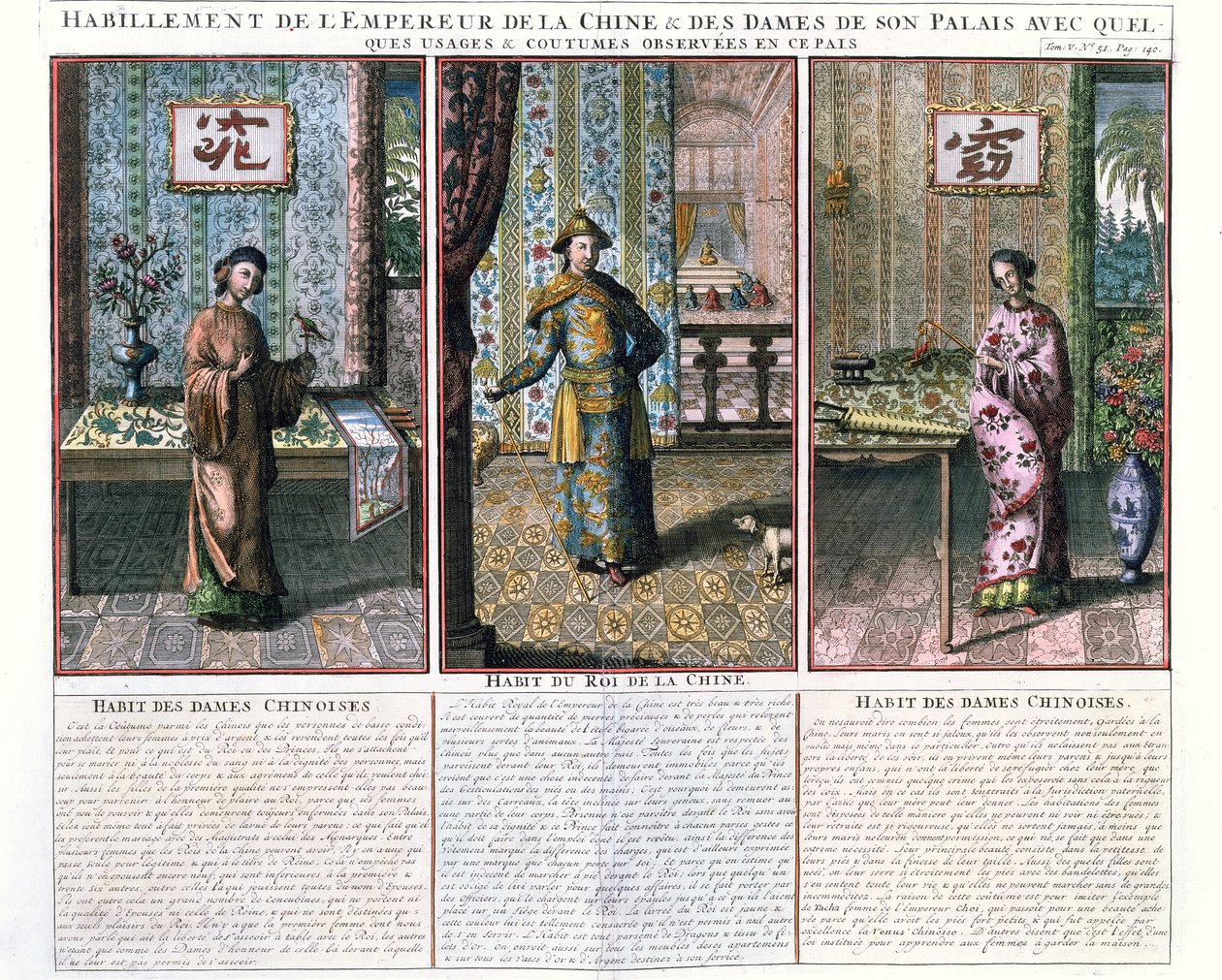 O imperador da China e duas nobres, ilustração de uma reimpressão da China Monumentis por Athanasius Kircher (1601-80) de French School