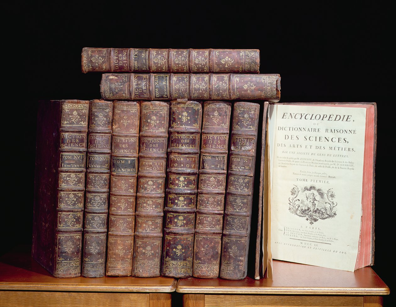 A Enciclopédia de Denis Diderot (1713-84) e Jean le Rond dAlembert (1717-83), 1751-72 (couro, papel e tinta) de French School