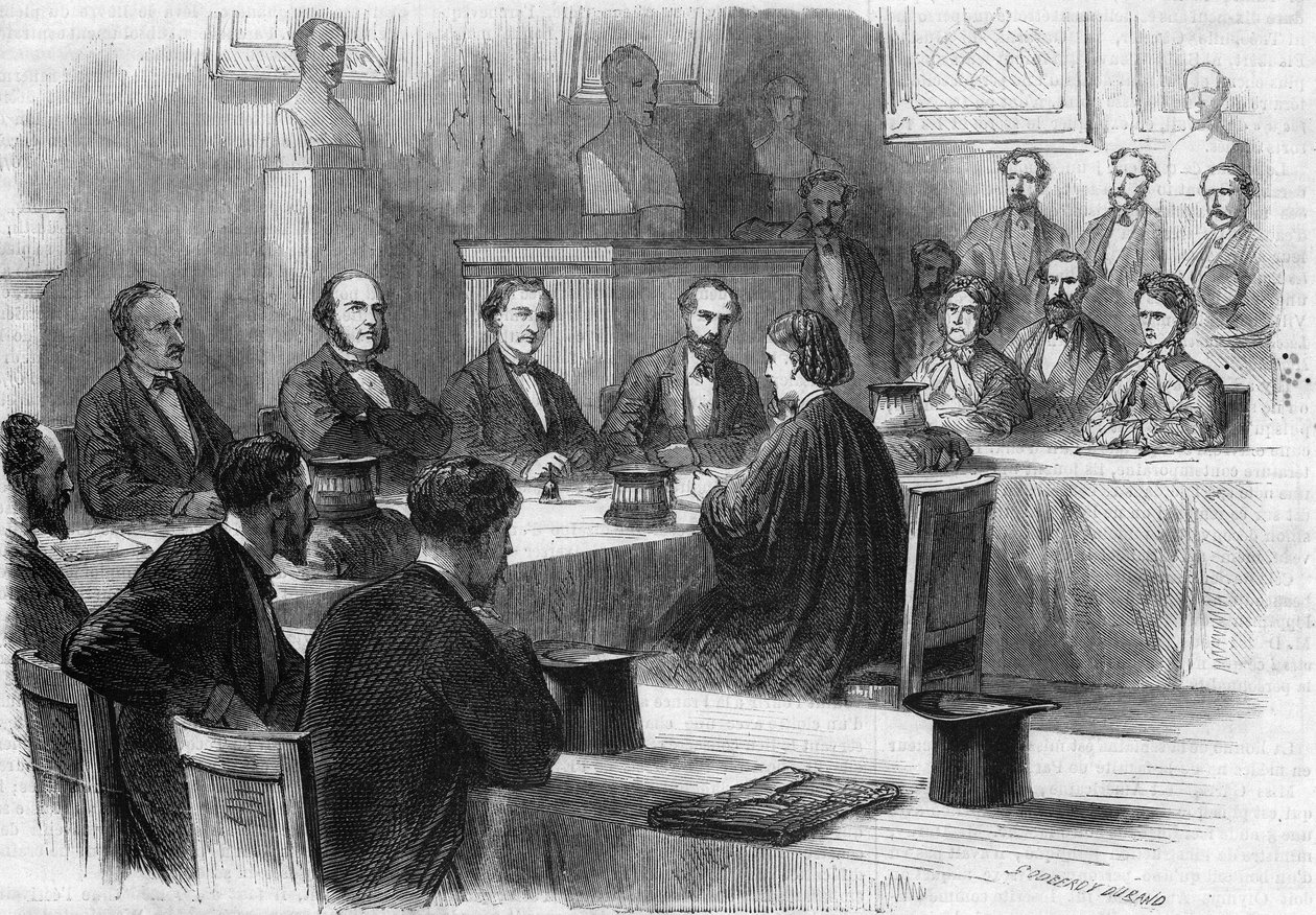 A inglesa Elizabeth Garrett Anderson (1836-1917) apresentou-a perante o júri da Faculdade de Medicina de Paris em 1870. Ela tornou-se a primeira médica do sexo feminino. Gravura de Godefredo Durand em "The Illustrous World" n°689 de 25 de junho de 1870. de French School