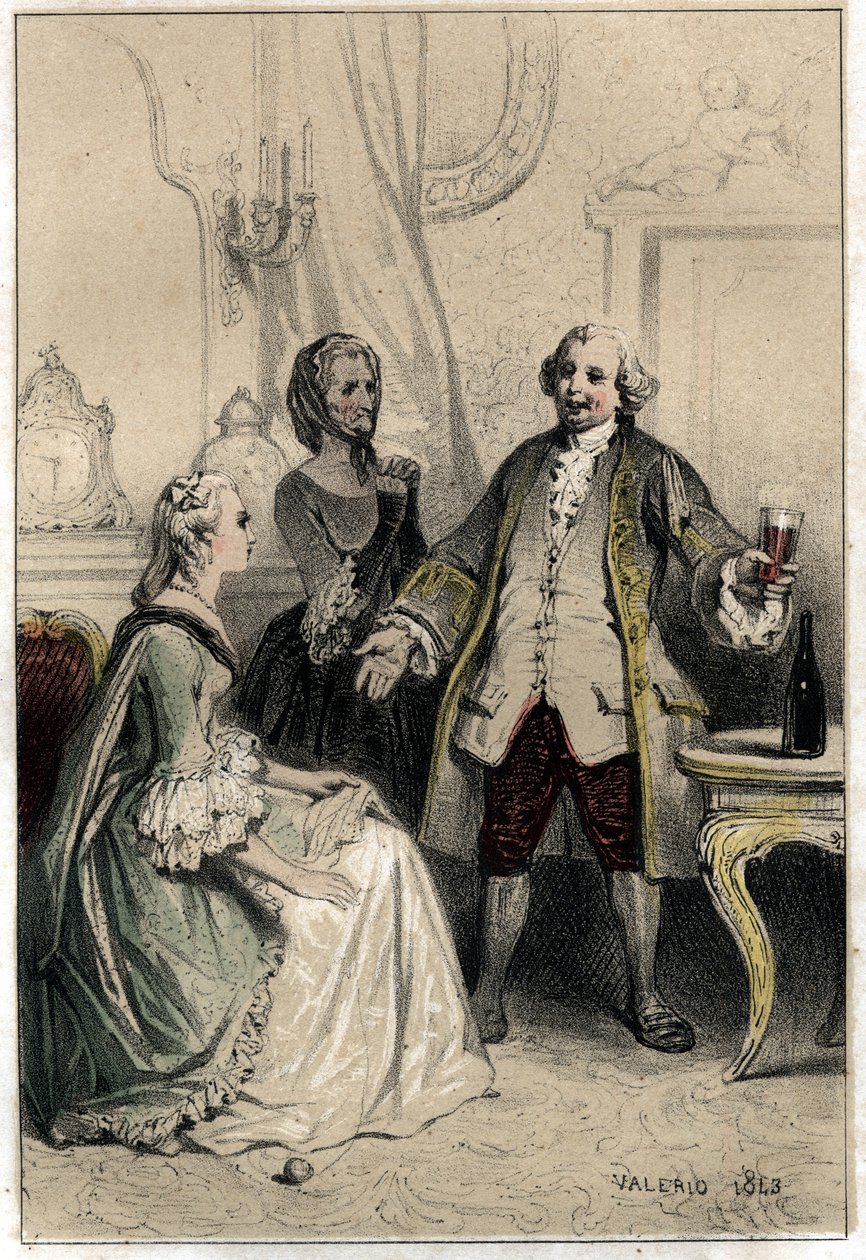 O comediante inglês David Garrick (1717-1779), disfarçado de treinador, irrompeu por uma duquesa ansiosa para tentar raciociná-la e convencê-la do absurdo de seu amor por ele Placa tirada de "Scenes de la vie des hommes famous" gravada em duas canetas de French School