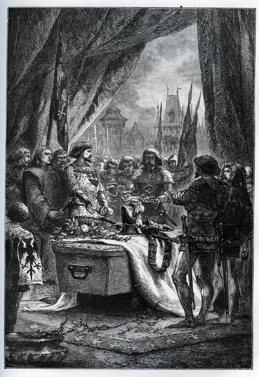 O governador inglês de Chateauneuf de Randon (Chateauneuf-de-Randon, Auvergne) rendeu-se e veio colocar as chaves da praça no caixão de Bertrand du Guesclin (1320-1380), no dia 13 de julho de 1380, em frente a quem a cidade estava sitiada. Le connetable di de French School