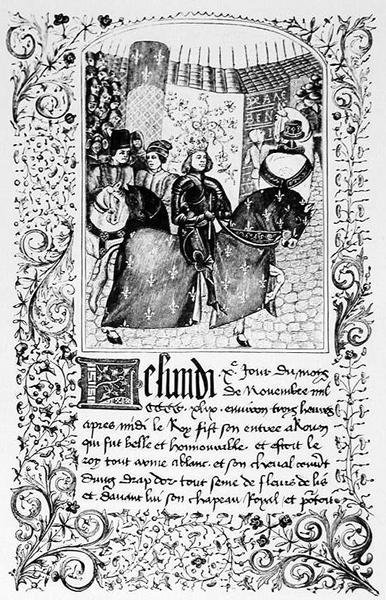 A entrada de Carlos VII (1403-61) em Rouen em 1450, a partir de um manuscrito contendo o relato da Guerra dos Cem Anos, ilustração da Ciência e Literatura na Idade Média e do Renaissanc de French School