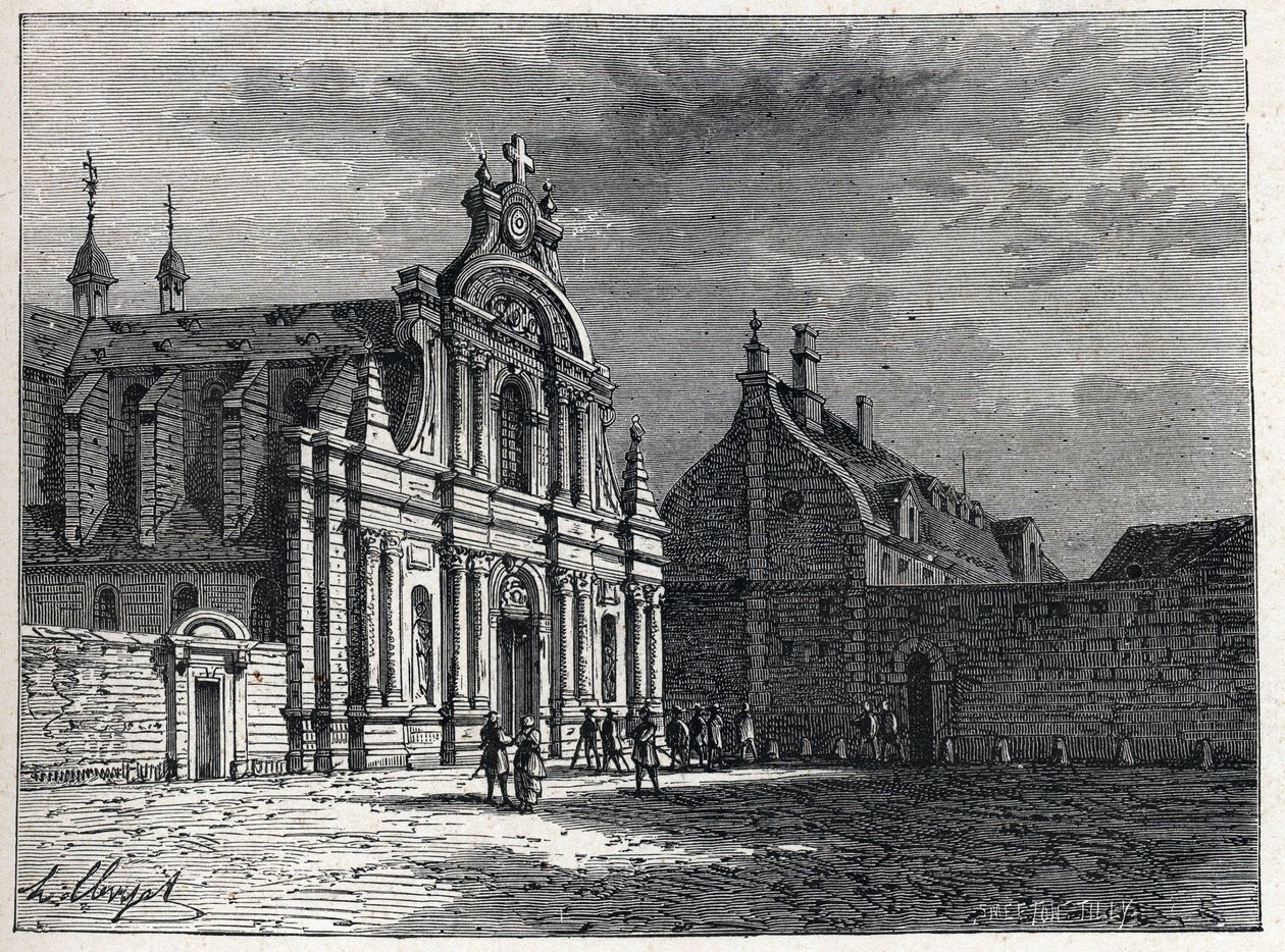 O convento de Feuillants, o ponto de encontro do Clube Feuillants, uma organização política realista durante a revolução francesa. Gravura de 1889. Coleção privada. de French School