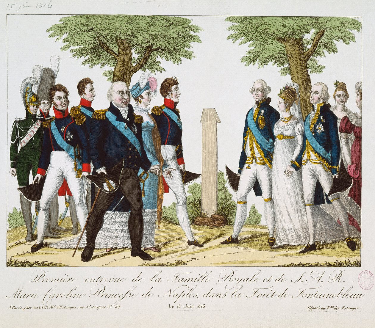 A primeira reunião entre Louis XVIII (1755-1824) e Marie-Caroline-Ferdinande (1798-1870) de Bourbon, na Croix de St. Herem na floresta de Fontainebleau, 15 de junho de 1816, 1816-30 (engr coloridas de French School