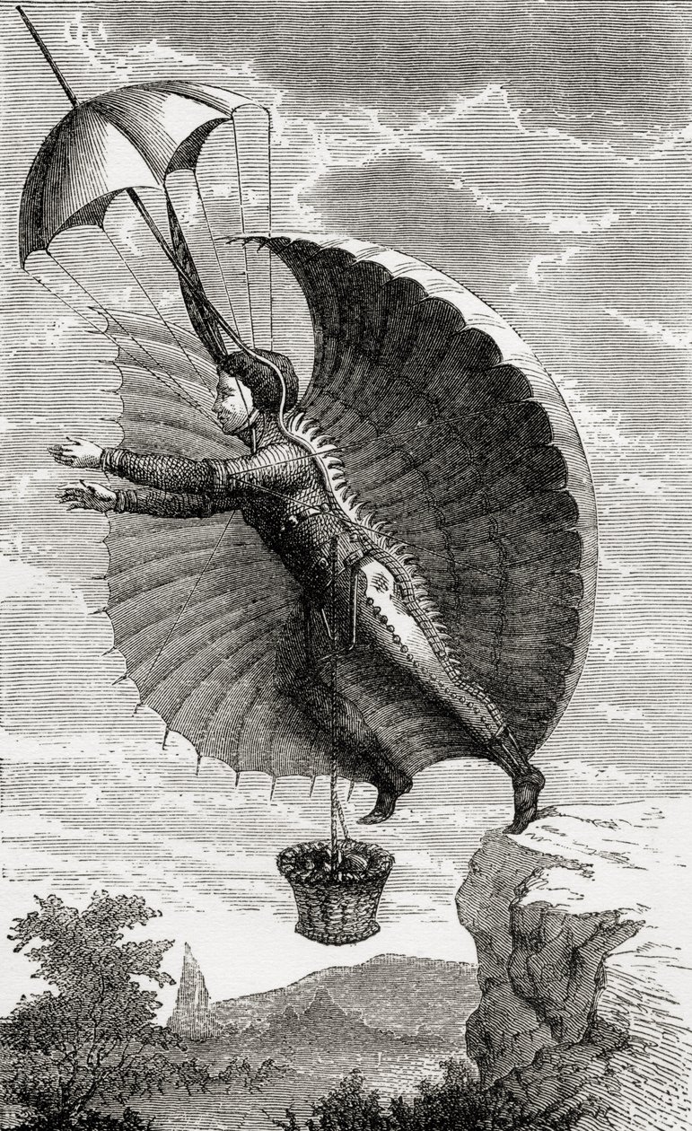 O homem voador, gravado após Nicolas Edme Restif de la Bretonne, de "Maravilhosas Subidas Balão ou a Conquista dos Céus", por Fulgence Marion, publicado em c.1870 de French School