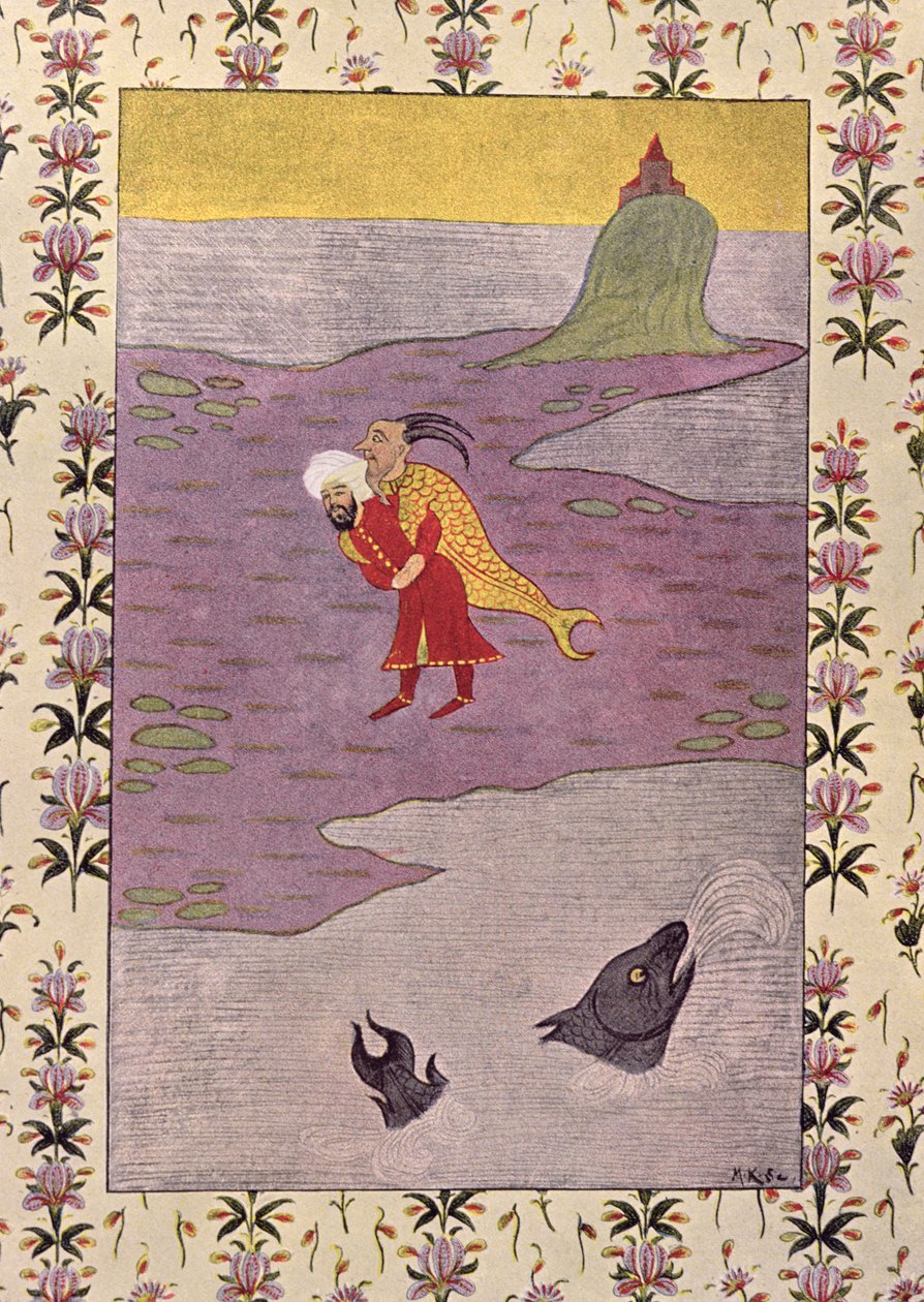 A quarta viagem de Sinbad, ilustração para Sinbad o marinheiro, das noites árabes, 1895 (gravura a cores) de French School