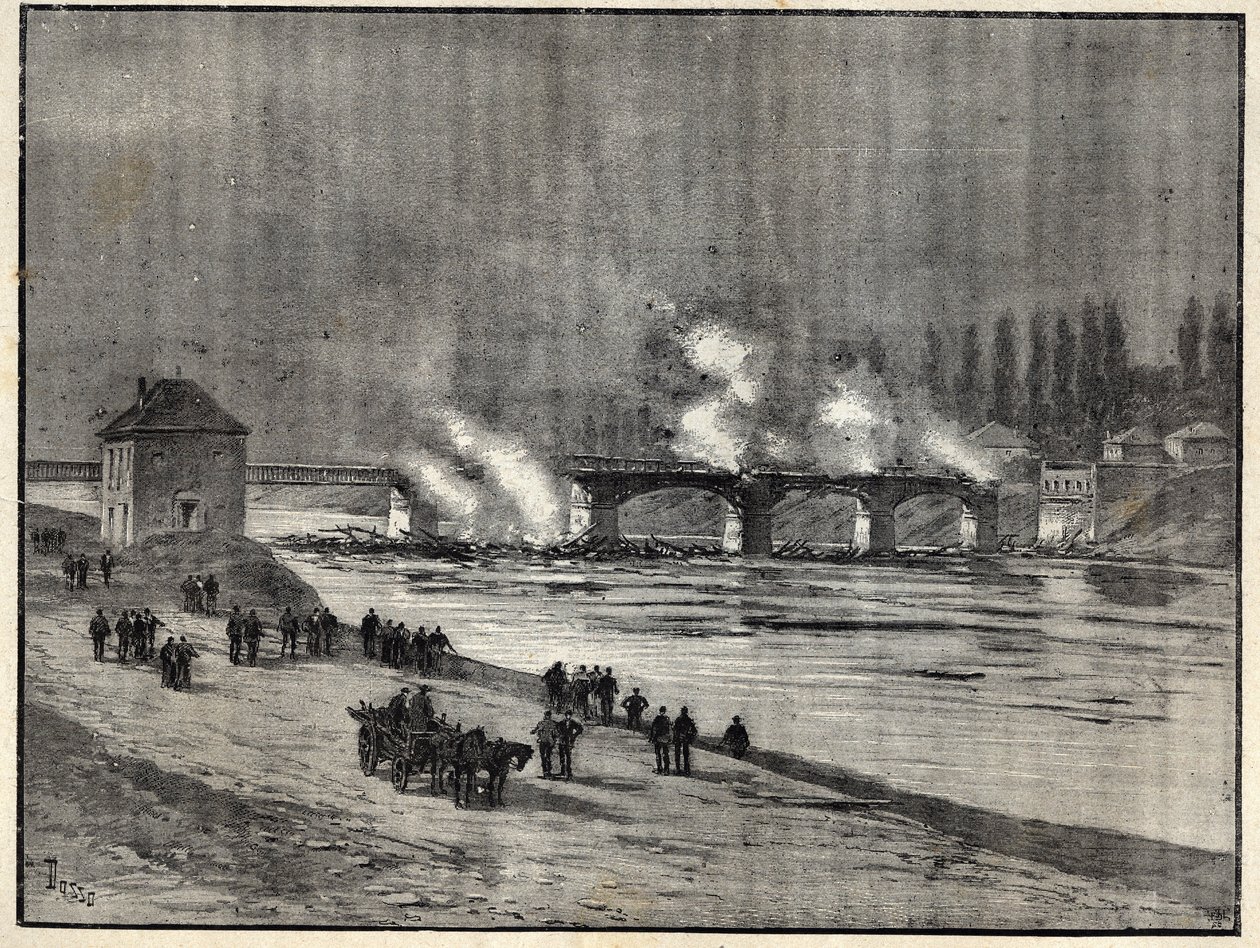 A Guerra Franco-Prussiana - A defesa de Paris queimando a ponte de Asnieres - Fogo da ponte de Asnieres durante o cerco (defesa) de Paris Gravação em "Les combatants de 1870-71" pelo comandante Leonce Rousset (1850-1938) - Guerra Franco-Prussiana - ( de French School
