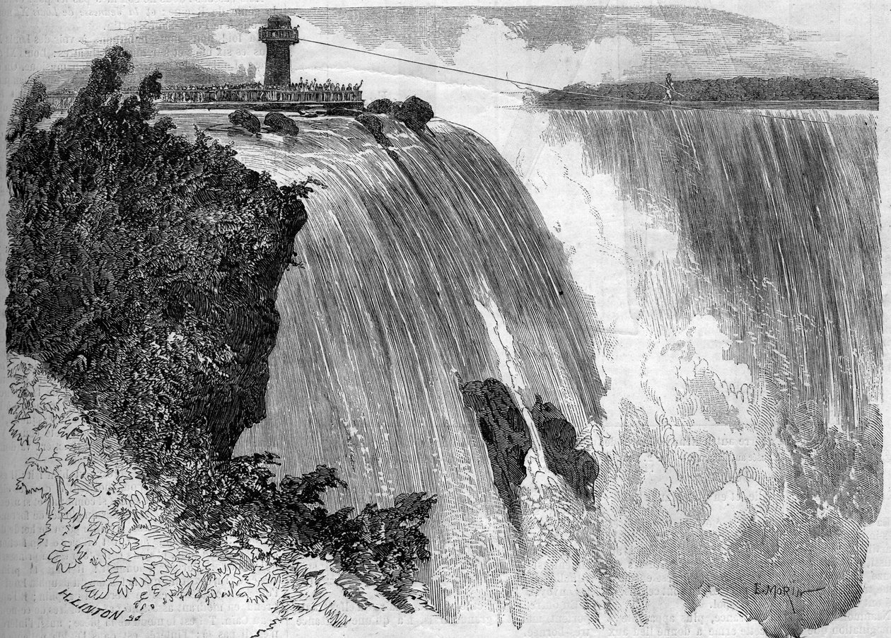 O acrobata francês Blondin (Jean Francois Gravelet, dit) (1824-1897) atravessando as Cataratas do Niágara. A partir de um esboço do Sr. Philibert. Gravura em "Le Monde Illustré" n°127 de 17 de Setembro de 1859. de French School