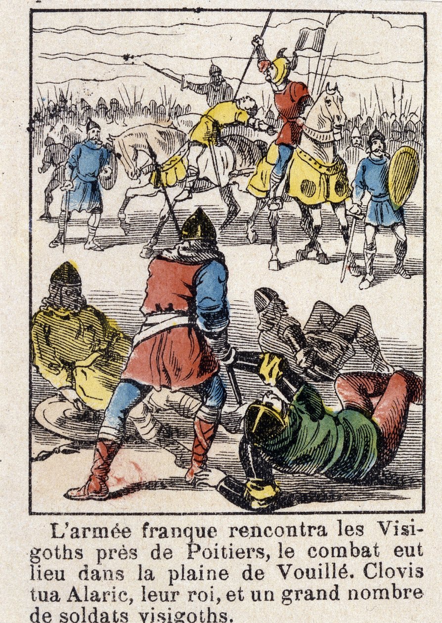 O exército francês encontrou os visigodos perto de Poitiers, a luta teve lugar na planície de Vouille. Clovis matou Alaric, seu rei, e um grande número de soldados visigodos, em 507. de French School
