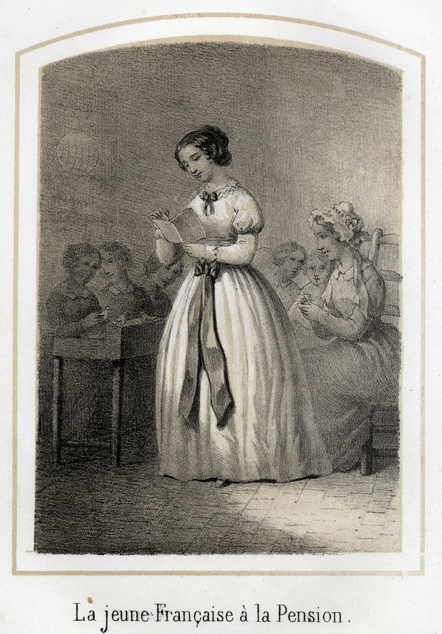 A rapariga francesa lê para os colegas de turma. Gravura anónima do século XIX de French School
