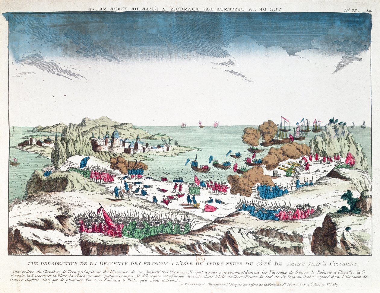 O ataque francês a São João na Terra Nova em 2 de junho de 1762 sob o comando de Chevalier du Ternay (1722-80), no final do século XVIII de French School