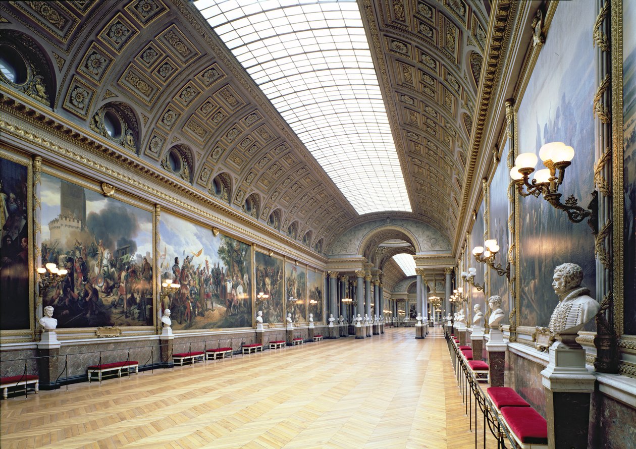 A Galerie des Batailles (Galeria da Batalha) decorada com 33 pinturas que ilustram as maiores vitórias militares francesas, concluídas em 1837 de French School