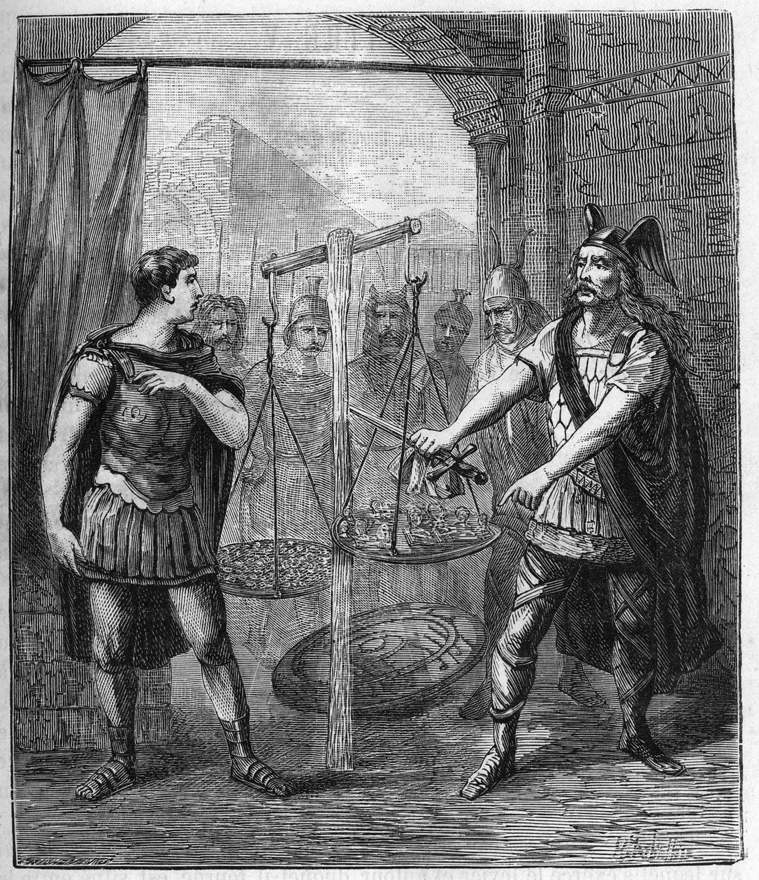 O líder do exército gaulês Brennos (Brennus) derrota os romanos e proclama os "Vae Victis" (Ai dos vencidos), Os gauleses exigem resgate após a conquista de Roma - O líder dos Brennus da tribo gaulesa dos Sénons pronuncia o fatídico Vae vict de French School