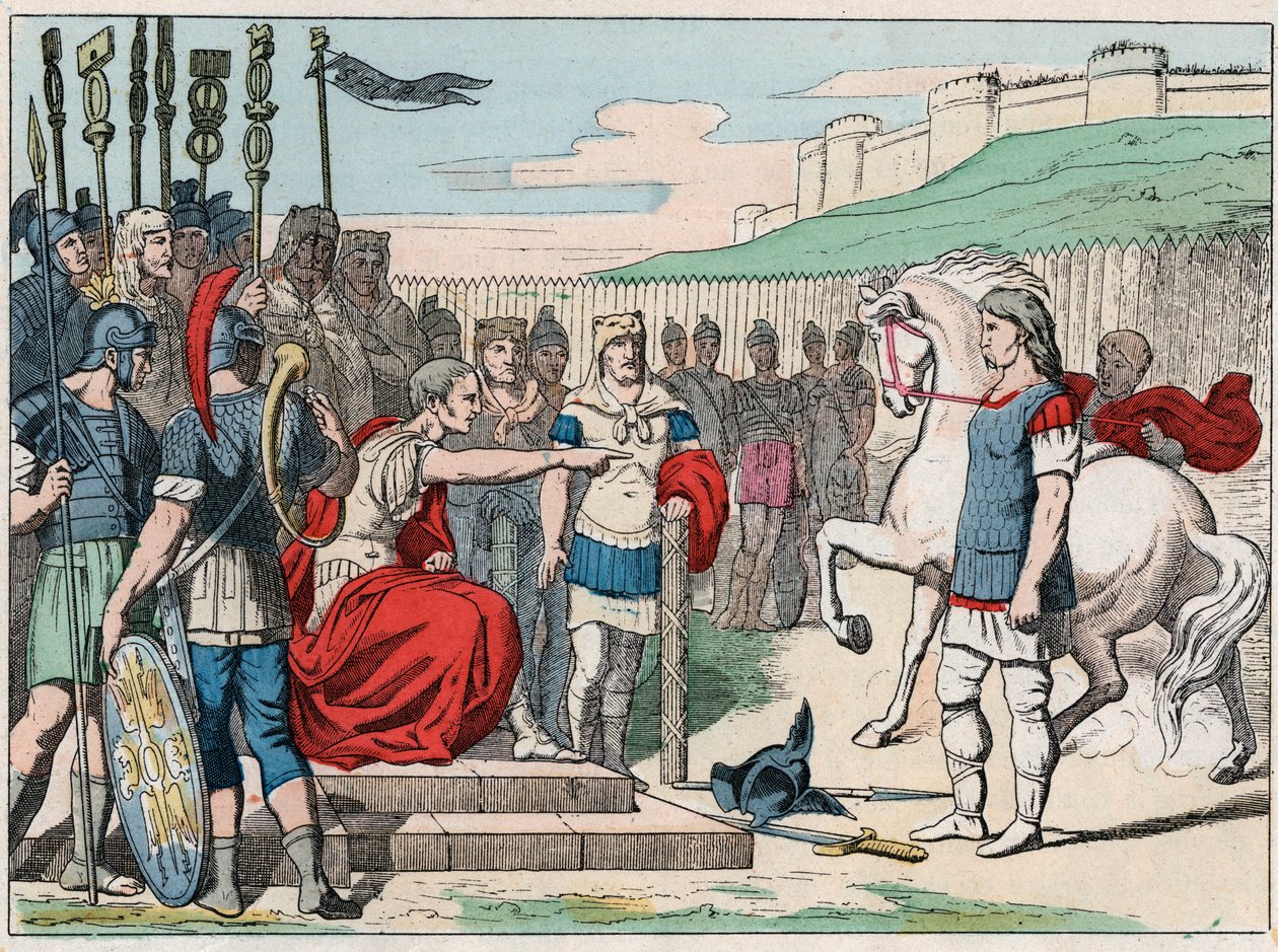 O chef galego Vercingetorix (80-46 AC) indo para Jules Cesar (100-44 AC) para Alesia em 52 AC - Vercingetorix (72-46 AC) líder galego, entregando-se a César em Alesia (França) - Gravura do final do século 19 em "Nos Gires Nationales - Imagens de French School