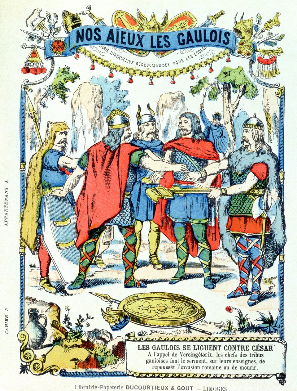 Os líderes gauleses na liga contra Júlio César (100-44 aC) liderados por Vercingetorix (d.46 aC) a partir de uma capa protetora para livros escolares, final do século XIX de French School
