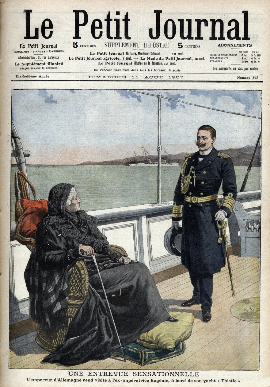 O imperador alemão Guilherme II (1859-1941) visitou a antiga Eugenia imperial (1826-1920) a bordo do seu iate "Thistle", "Le petit journal" le 11 August 1907 (gravura) de French School