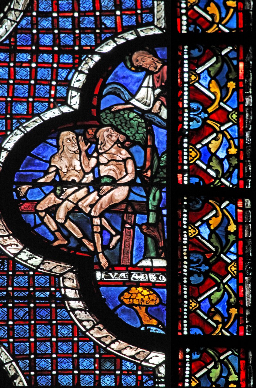 A janela do Bom Samaritano: Deus chama Adão e Eva (com folhas de figueira) (w44) de French School