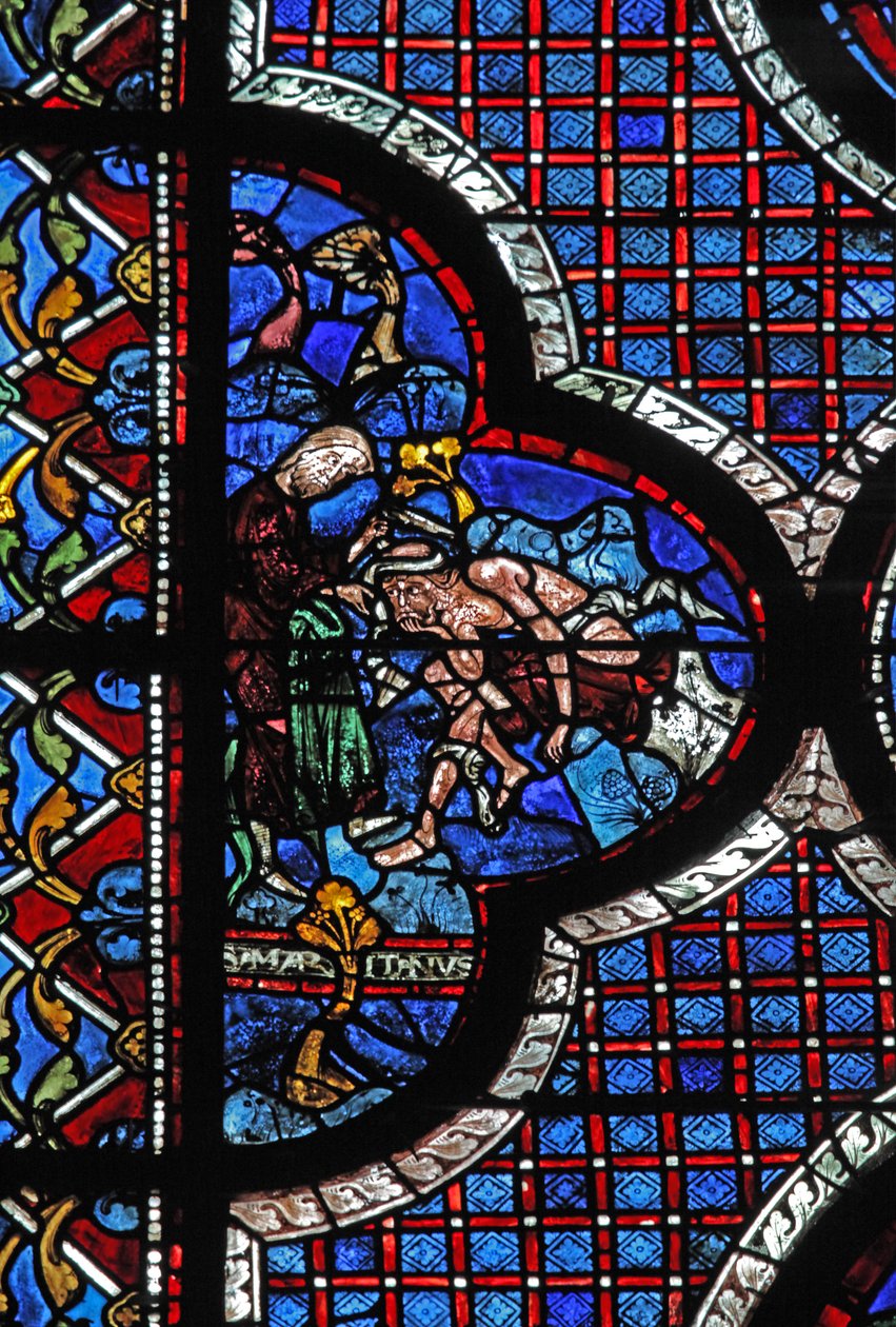 A janela do bom samaritano: um samaritano prende suas feridas (w44) de French School