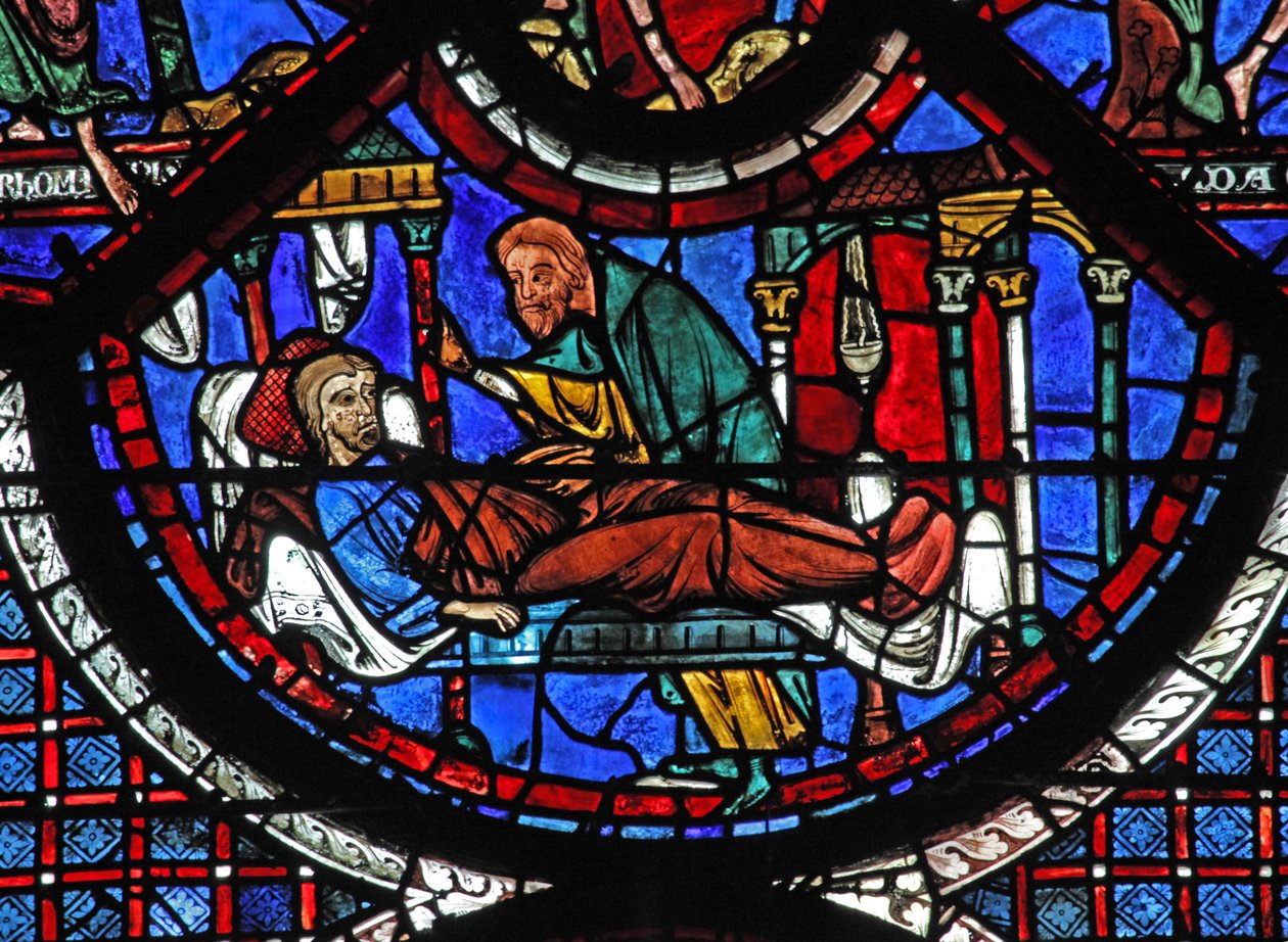 A janela do bom samaritano: o samaritano cuida do homem ferido (w44) de French School