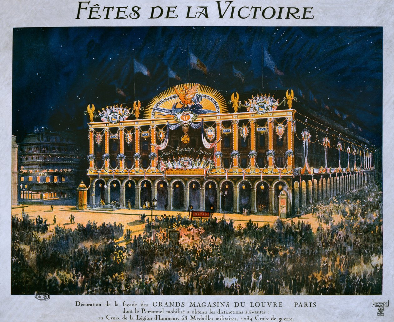 Os Grands Magasins du Louvre decorados para a celebração da vitória de 1918, 14 de julho de 1919 de French School