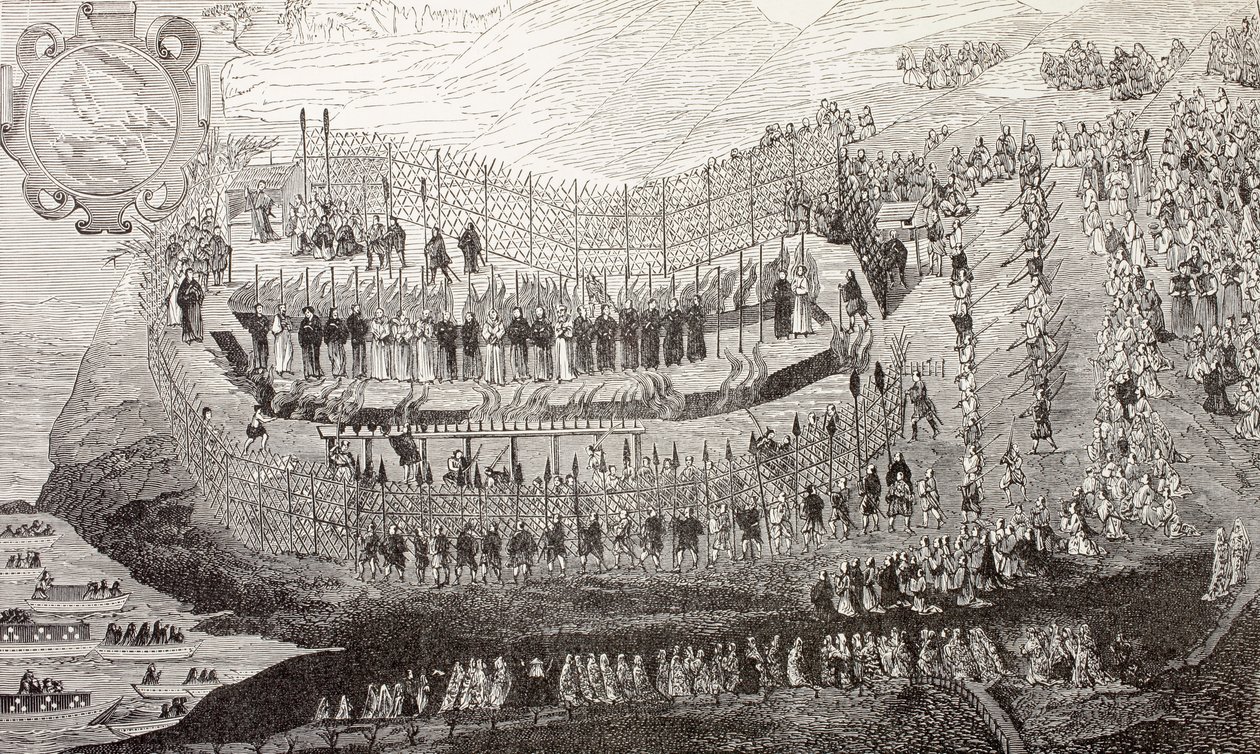O Grande Martírio de Nagasaki, 1622, de "A Vida Militar e Religiosa na Idade Média", de Paul Lacroix, publicado em Londres, c.1880 de French School