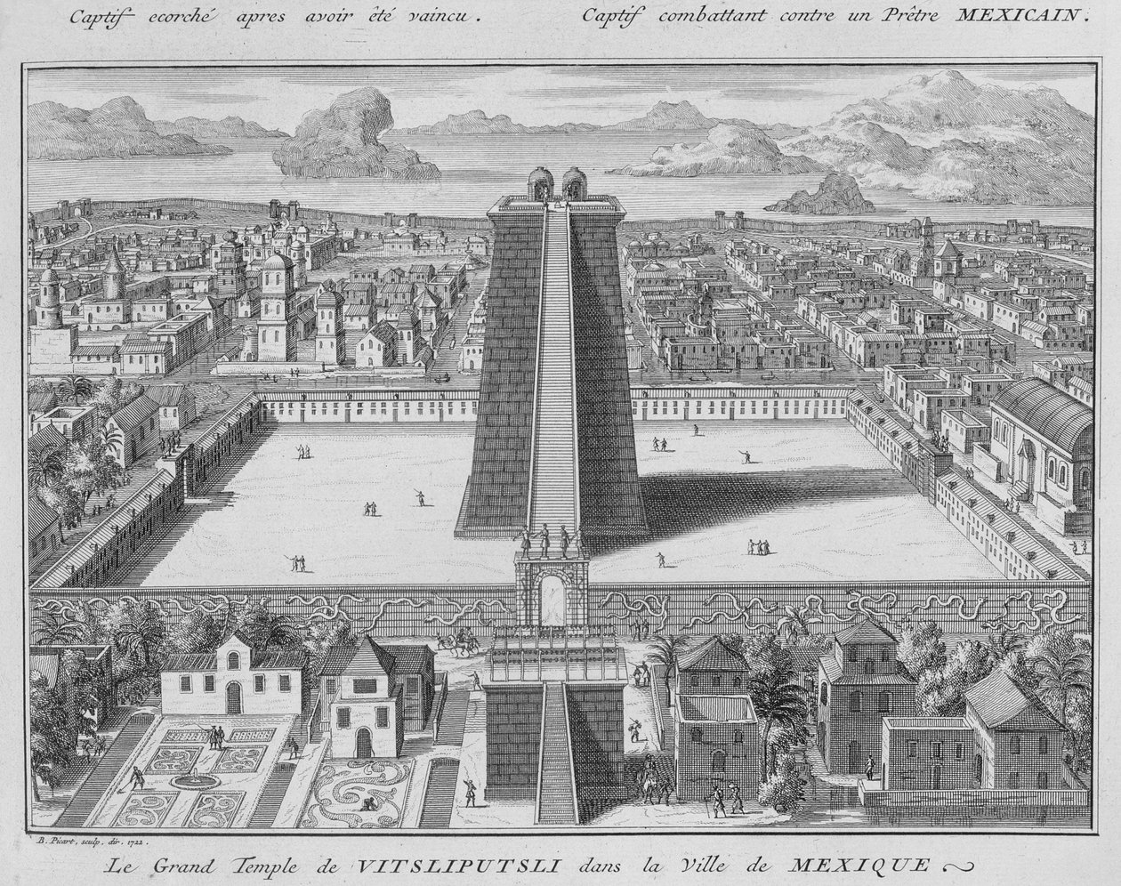 O grande templo de Vitsliputsli na cidade do México, ilustração de cerimônias religiosas e costumes, gravada por Bernard Picart (1673-1733) 1722 de French School