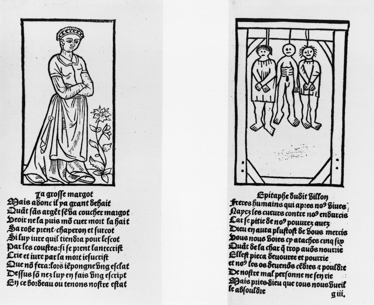 O Grosse Margot e os Três Homens Enforcados, de &39;Oeuvres&39; de François Villon (1431-63) Pierre Levet, publicado em 1489 de French School