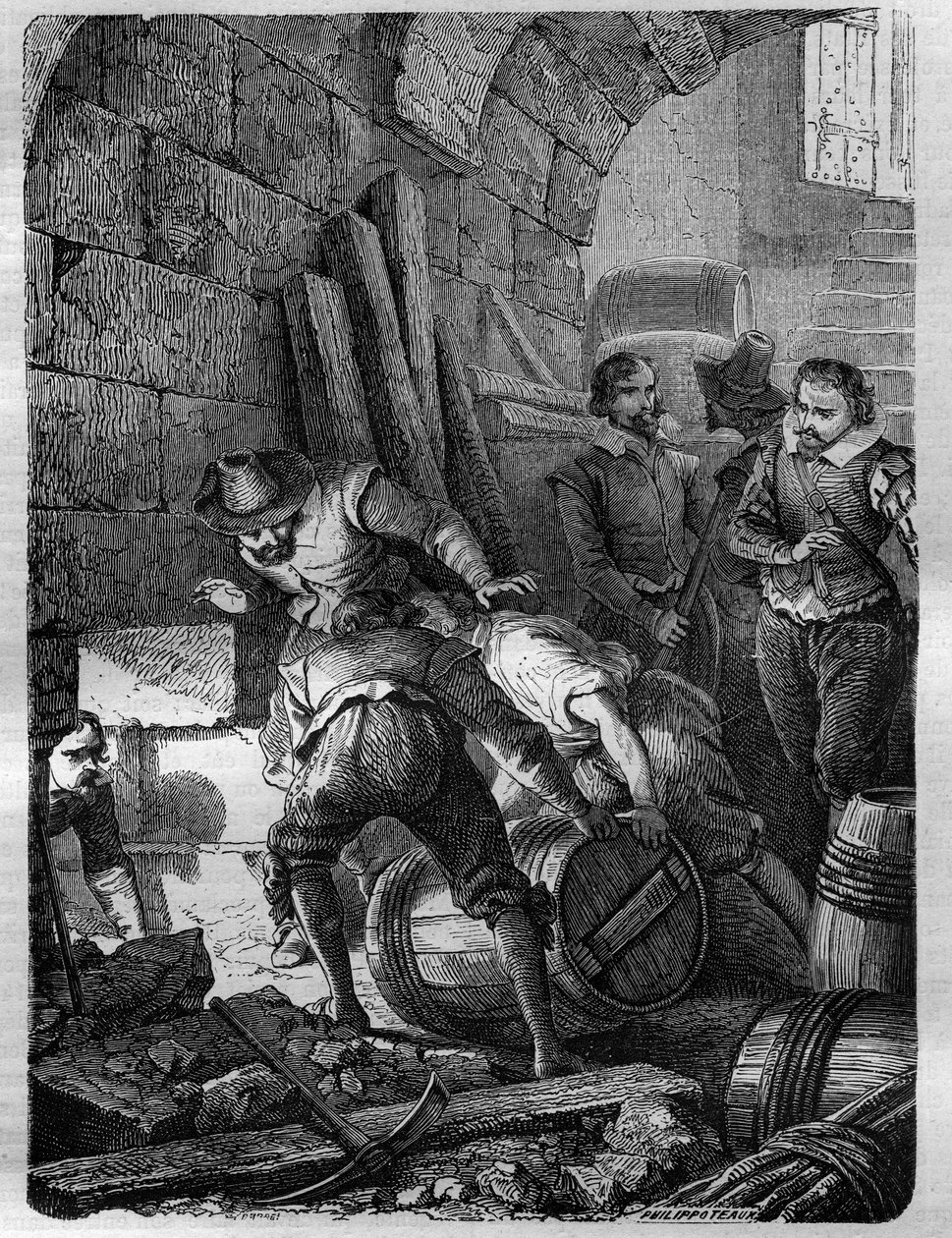 O Lote da Pólvora: Conspiração de católicos formada para assassinar o Rei James I, sua família e parte da aristocracia, detonando o Palácio de Westminster (Londres) na cerimônia de abertura do Parlamento em 5 de novembro de 1605. Gravação em "História da de French School