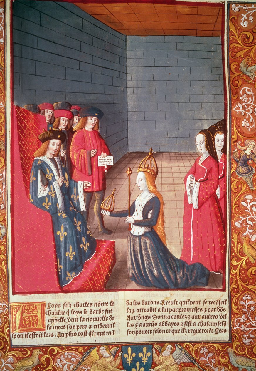 A Santa Imperatriz Romana Richilde da Provence em Compiegne apresentando a Luís, o Gago, a coroa e o cetro que haviam pertencido a seu pai Carlos II 