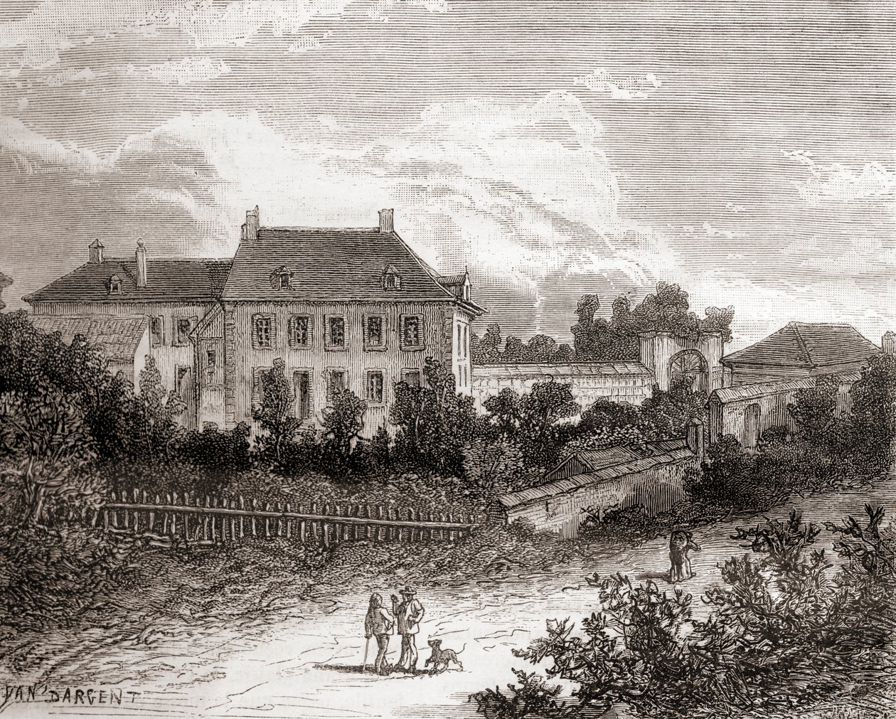 A casa de Gras, perto de Chalon-sur-Saône, em França, onde o inventor francês Nicéphore Niépce desenvolveu a heliografia, de Les Merveilles de la Science, publicado por volta de 1870 (gravura) de French School