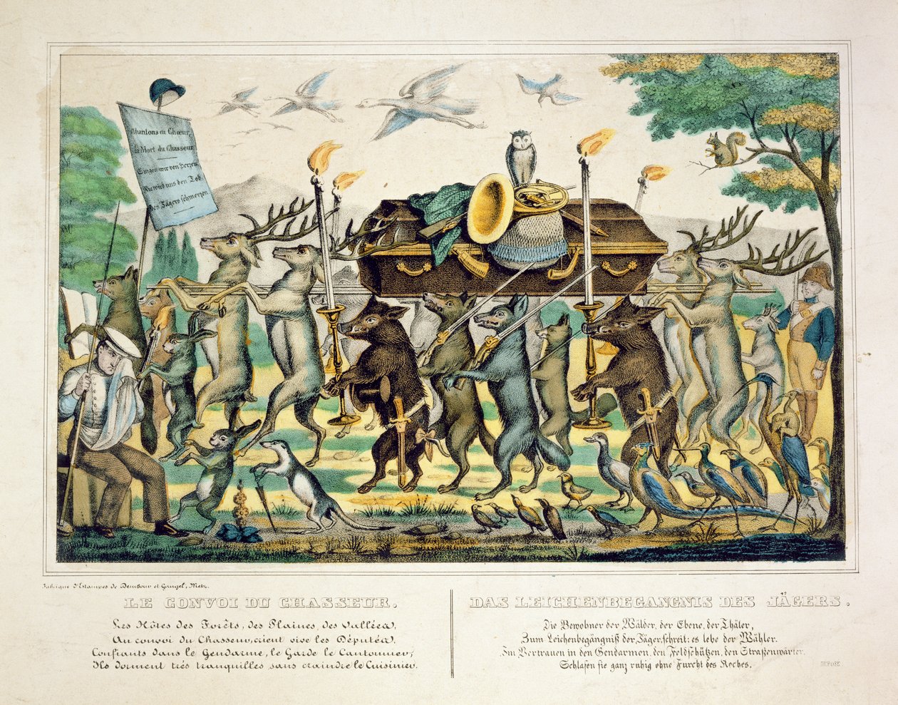 A Procissão dos Caçadores, c.1850 (lito colorido à mão) de French School