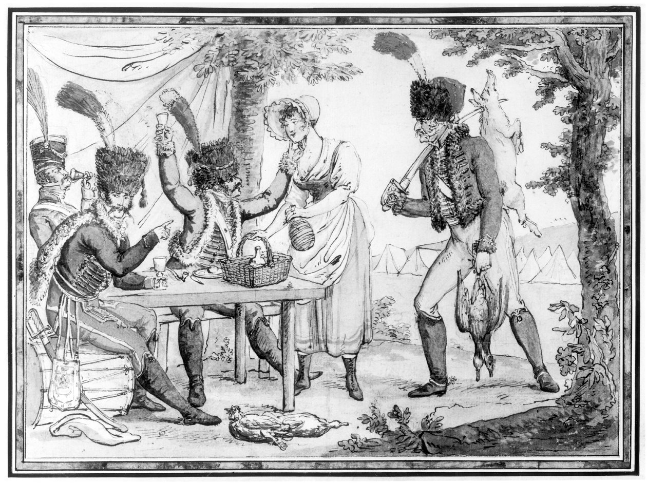 Os Hussardos e os Vivandière, 1803 (wc no papel) de French School