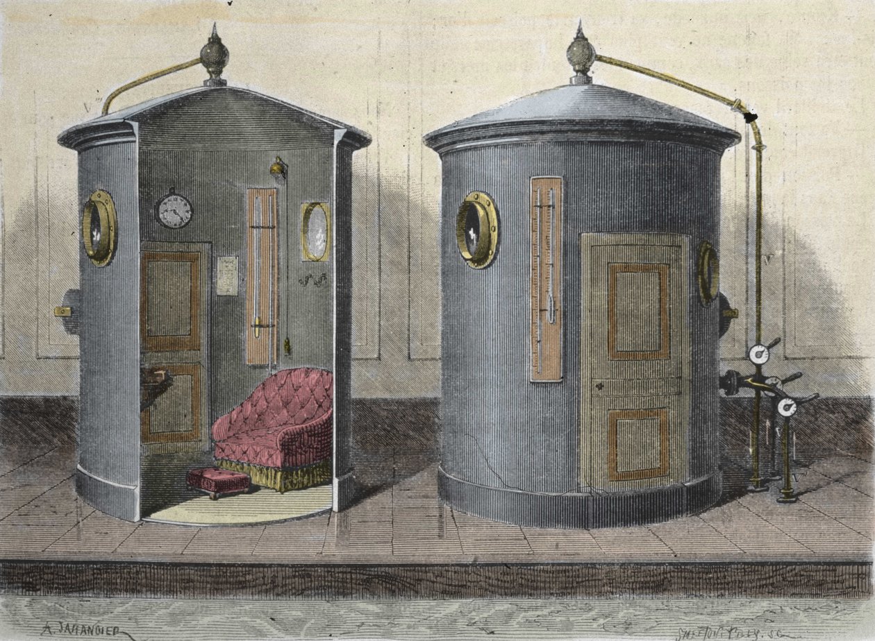 A câmara hiperbárica de Paul Bert (1833-1887), fisiologista e político francês. Gravura de 1855. de French School